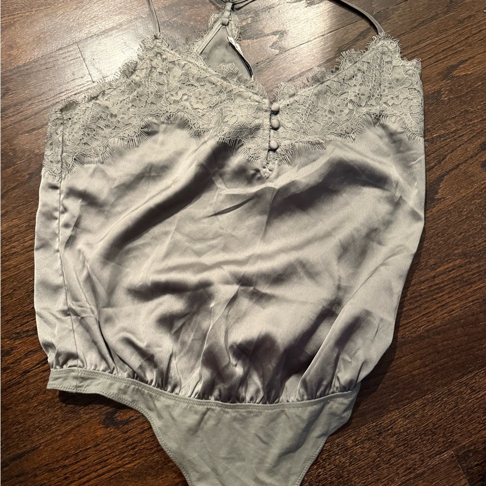 Gray Lace Satin Bodysuit